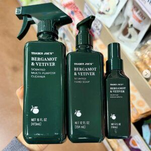 Trader Joe's 3 Piece Set Bergamot & Vetiver Room Spray Hand Soap Multi Cleaner